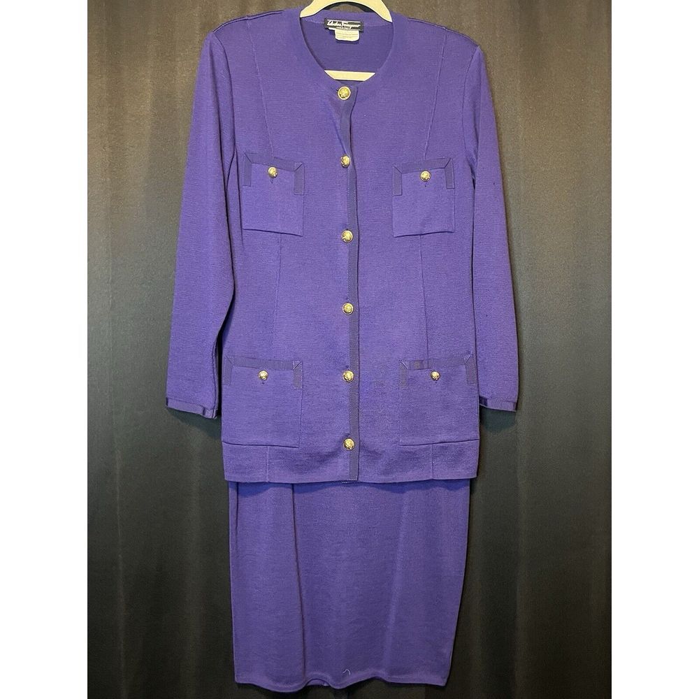 Vintage Elegance Women's Salvatore Farragamo Deep Purple Wool Skirt Suit Set XL